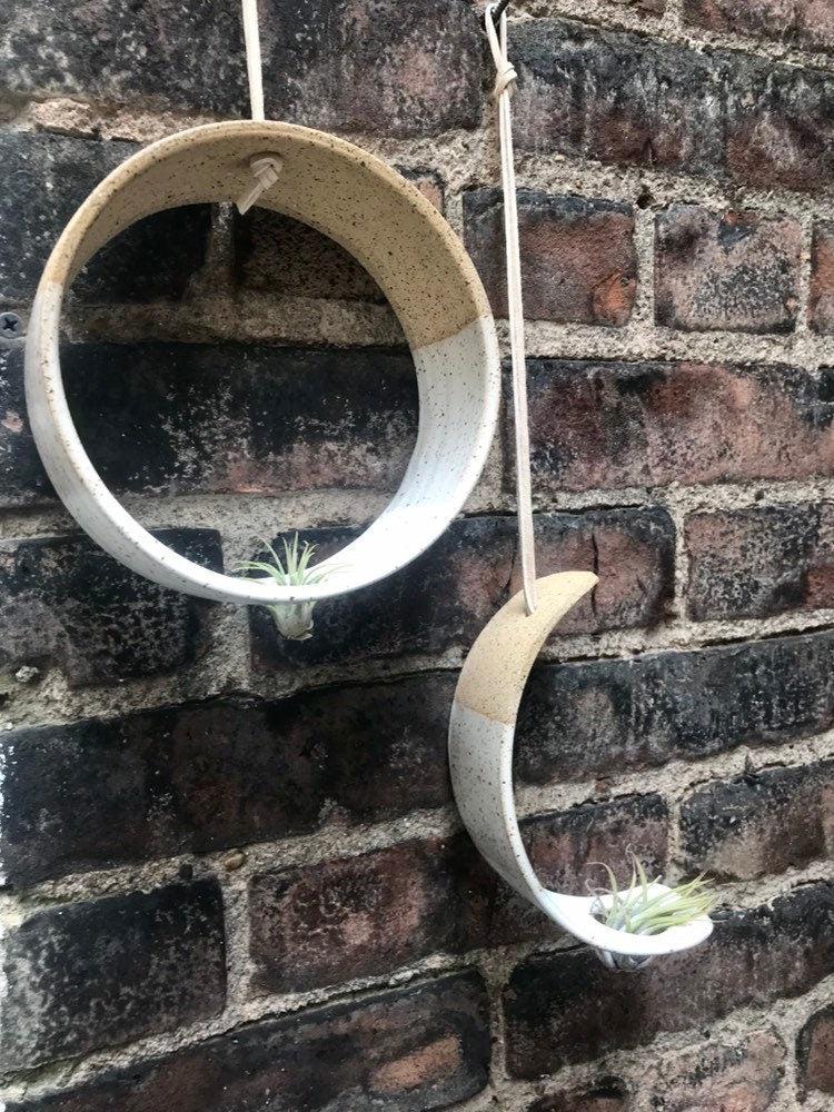 speckled- Hanging crescent moon Airplant holder- ceramic- plant vase arc- two tone white on speckled stoneware