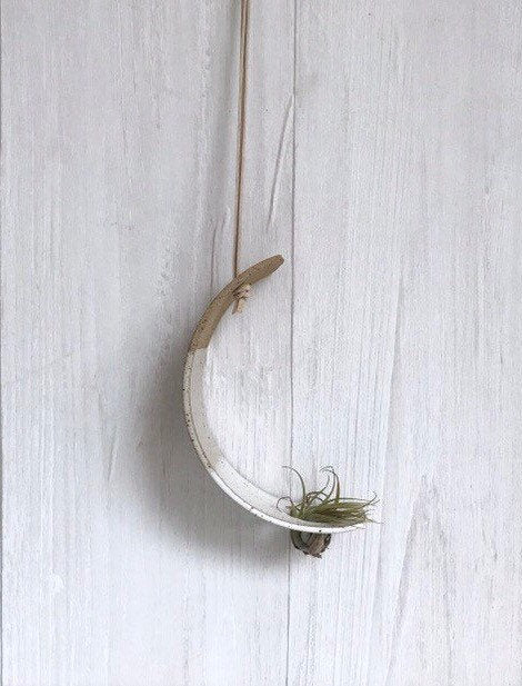 speckled- Hanging crescent moon Airplant holder- ceramic- plant vase arc- two tone white on speckled stoneware