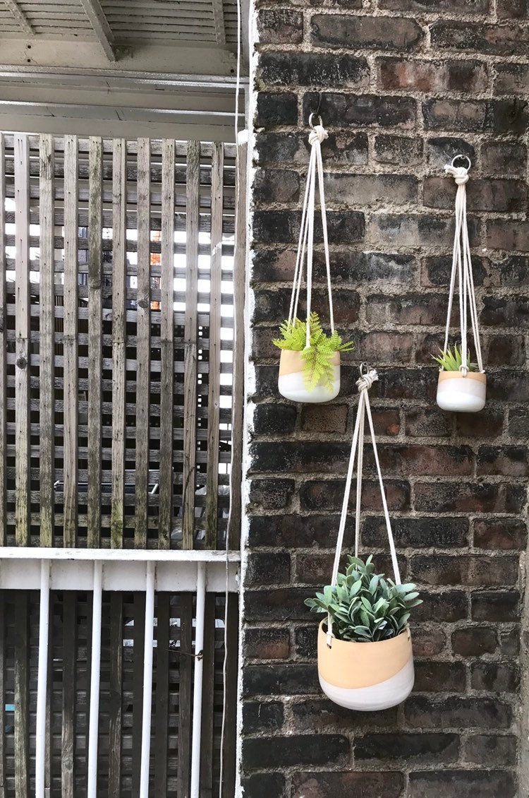 Beige-Ceramic hanging planter-white on beige stoneware- hanging flower pot - with drainage hole- three sizes available