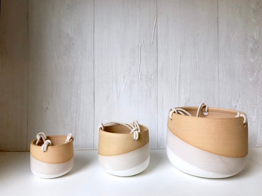 Beige-Ceramic hanging planter-white on beige stoneware- hanging flower pot - with drainage hole- three sizes available