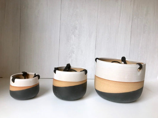 Tri color- Ceramic hanging planters- white and black on stoneware- hanging flower pot - herb planter- three sizes available