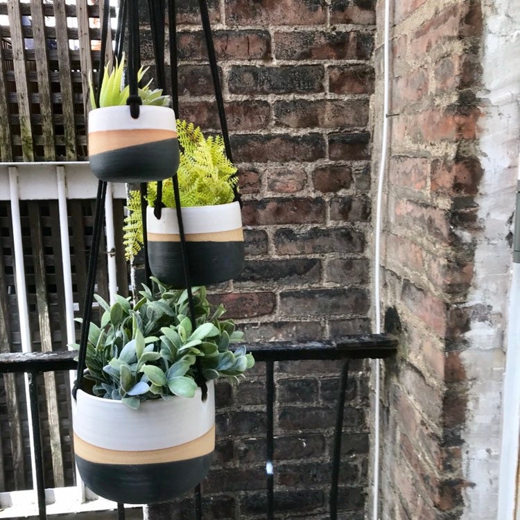 Tri color- Ceramic hanging planters- white and black on stoneware- hanging flower pot - herb planter- three sizes available