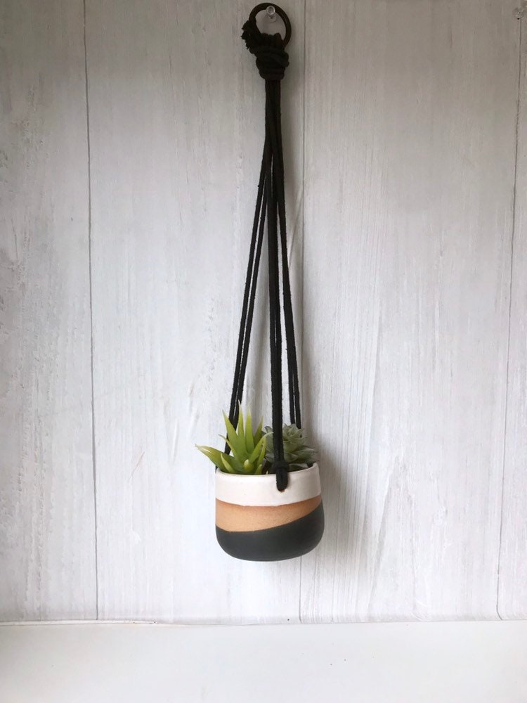 Tri color- Ceramic hanging planters- white and black on stoneware- hanging flower pot - herb planter- three sizes available