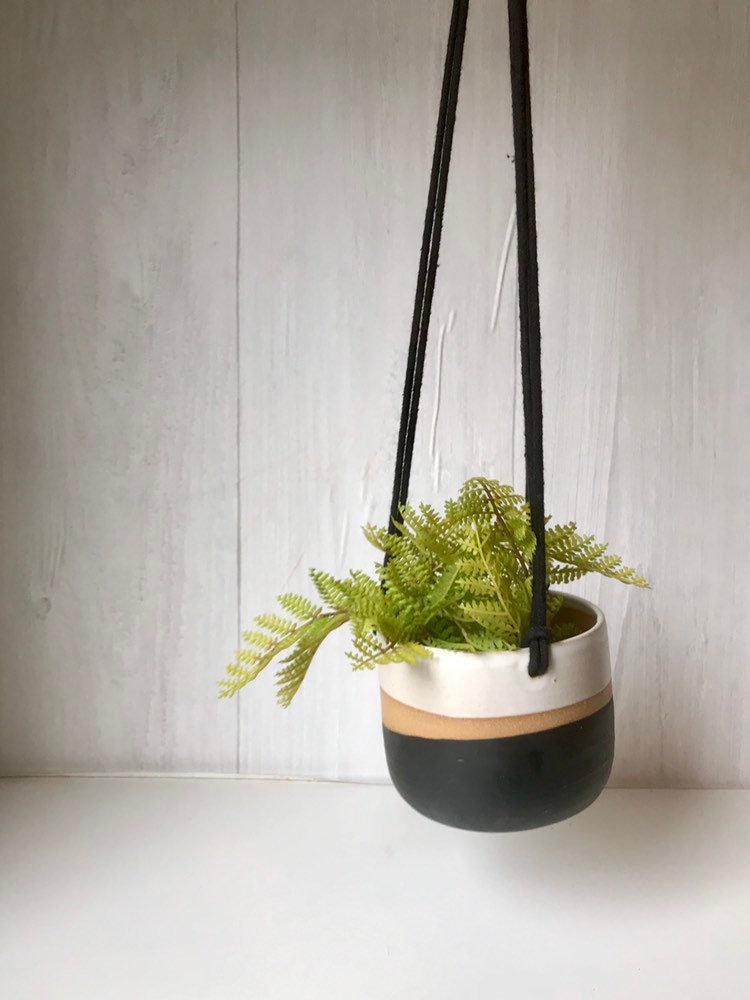 Tri color- Ceramic hanging planters- white and black on stoneware- hanging flower pot - herb planter- three sizes available