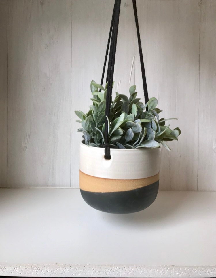 Tri color- Ceramic hanging planters- white and black on stoneware- hanging flower pot - herb planter- three sizes available