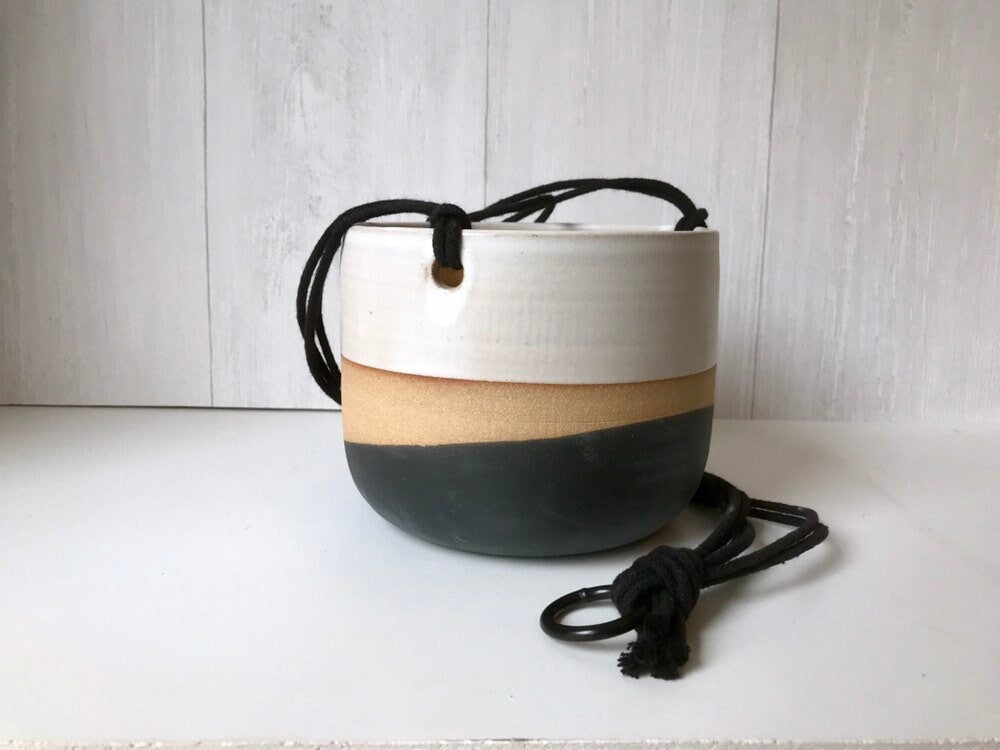 Tri color- Ceramic hanging planters- white and black on stoneware- hanging flower pot - herb planter- three sizes available