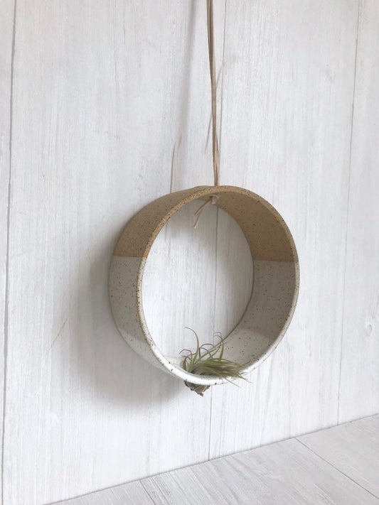 Speckled - Hanging Circular Airplant holder- ceramic- plant vase- two tone white on spckled stoneware