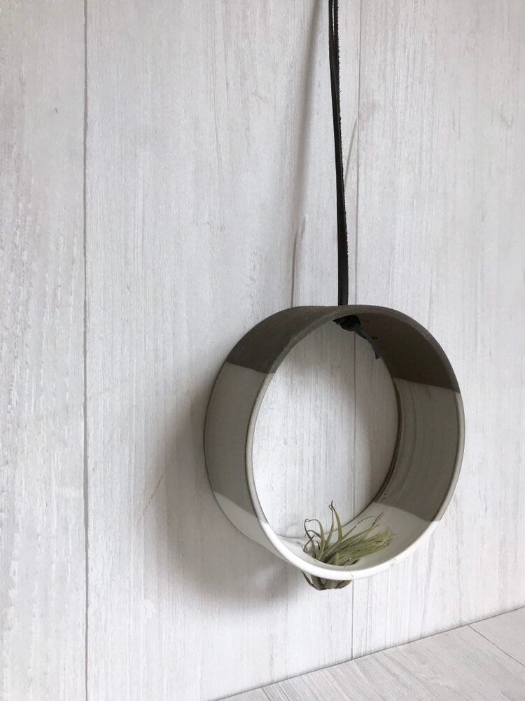 Chocolate- Hanging Circular Airplant holder- ceramic- plant holder- two tone white on dark stoneware