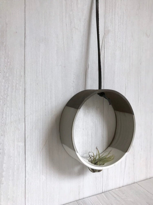 Chocolate- Hanging Circular Airplant holder- ceramic- plant holder- two tone white on dark stoneware