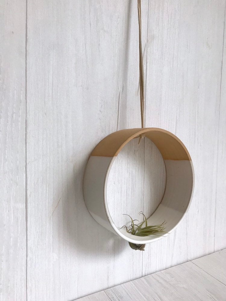 Beige- Hanging Circular Airplant holder- ceramic- plant vase- two tone white on beige stoneware