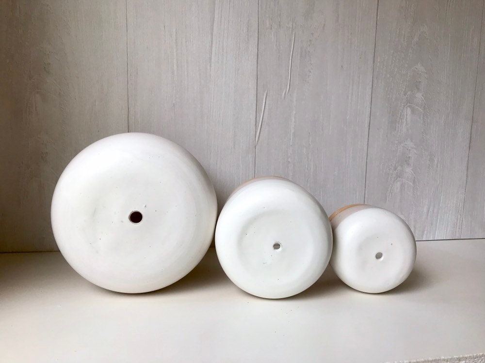 Beige-Ceramic hanging planter-white on beige stoneware- hanging flower pot - with drainage hole- three sizes available