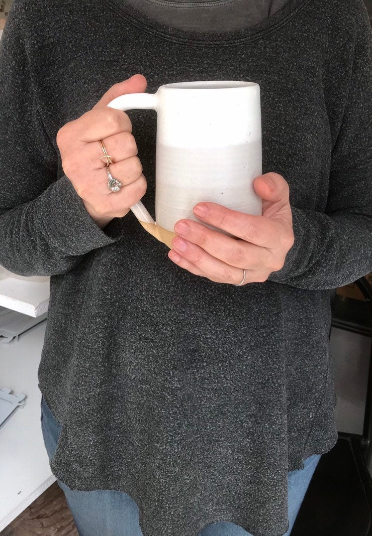 Beige- ceramic mug - tall coffee cup - white on beige striped coffee mug