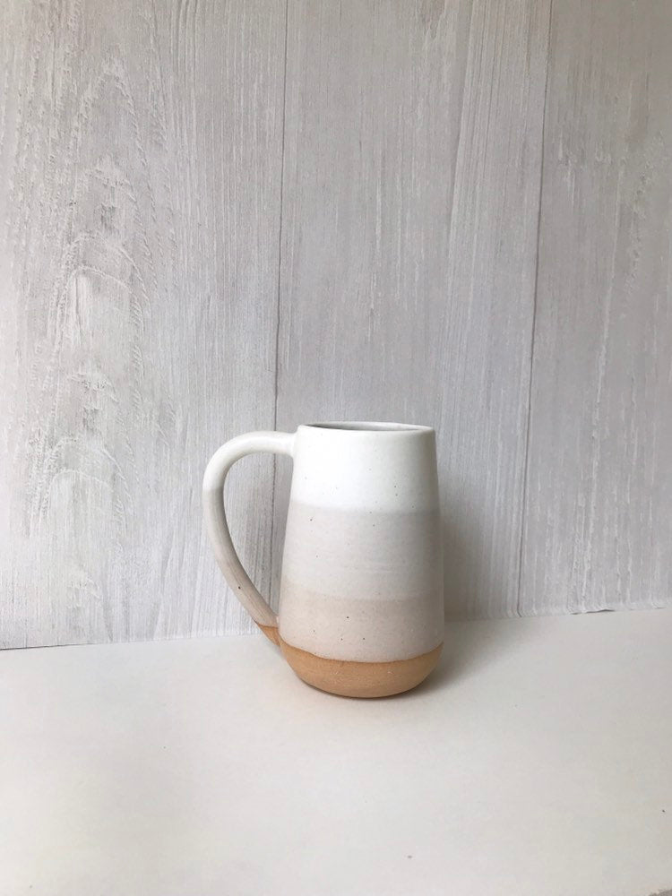 Beige- ceramic mug - tall coffee cup - white on beige striped coffee mug