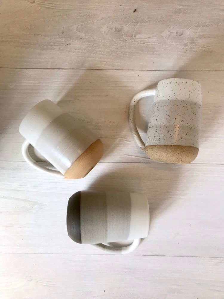 Beige- ceramic mug - tall coffee cup - white on beige striped coffee mug