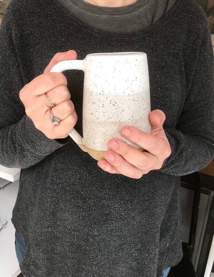 Speckled- ceramic mug - tall coffee cup - white on speckled clay- striped coffee mug