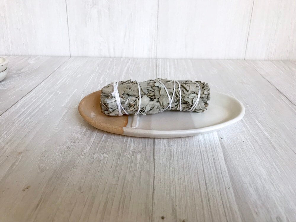 Beige- smuge dish- sage stick optional- ceramic sage stick dish- white on beige