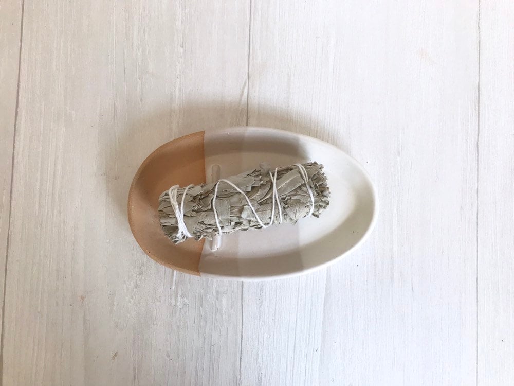 Beige- smuge dish- sage stick optional- ceramic sage stick dish- white on beige