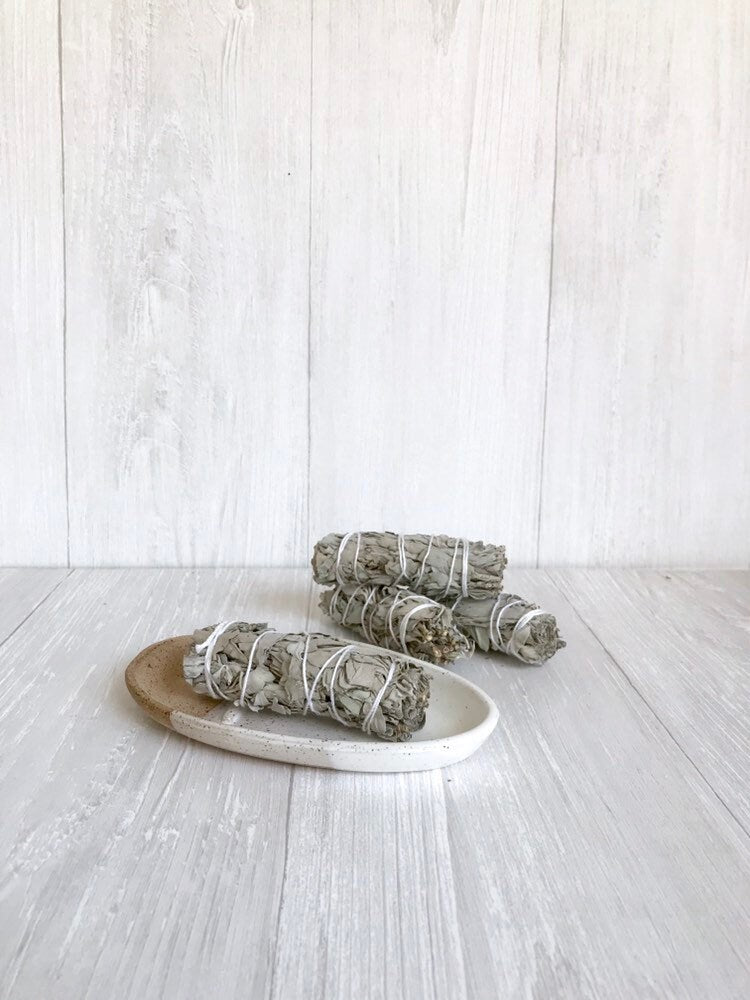 Speckled- Ceramic smuge dish- white and speckled clay- sage stick optional- sage stick dish
