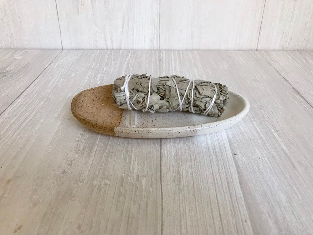 Speckled- Ceramic smuge dish- white and speckled clay- sage stick optional- sage stick dish