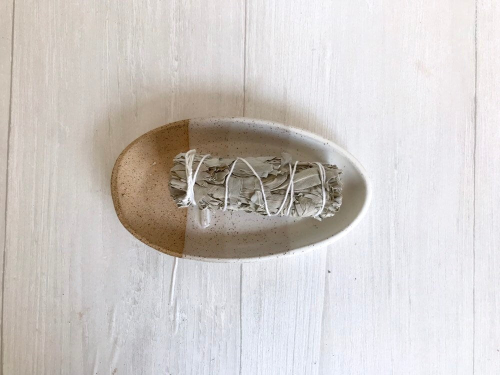 Speckled- Ceramic smuge dish- white and speckled clay- sage stick optional- sage stick dish