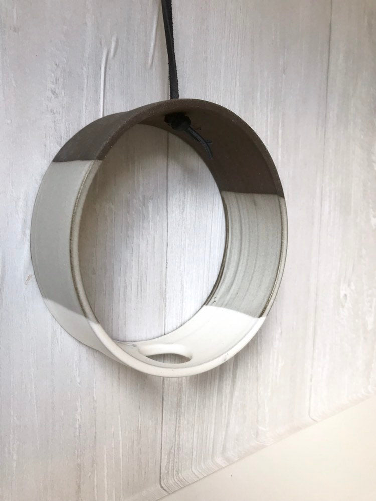Chocolate- Hanging Circular Airplant holder- ceramic- plant holder- two tone white on dark stoneware