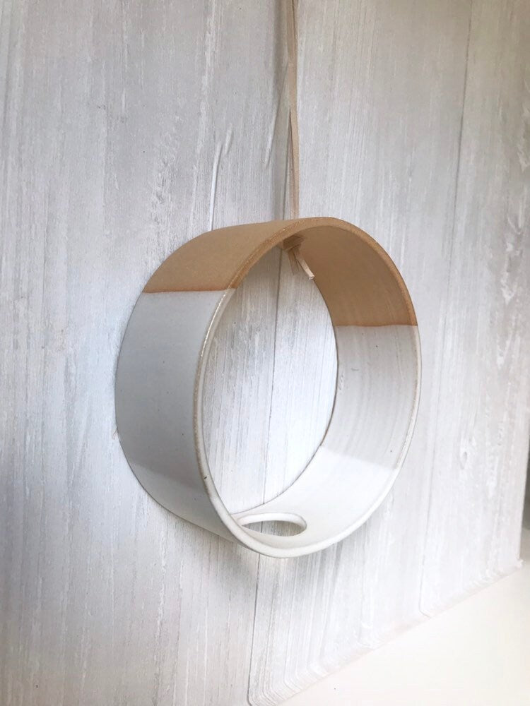 Beige- Hanging Circular Airplant holder- ceramic- plant vase- two tone white on beige stoneware