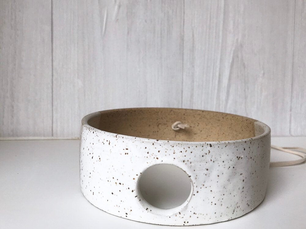 Speckled - Hanging Circular Airplant holder- ceramic- plant vase- two tone white on spckled stoneware