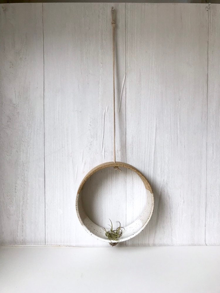 Speckled - Hanging Circular Airplant holder- ceramic- plant vase- two tone white on spckled stoneware