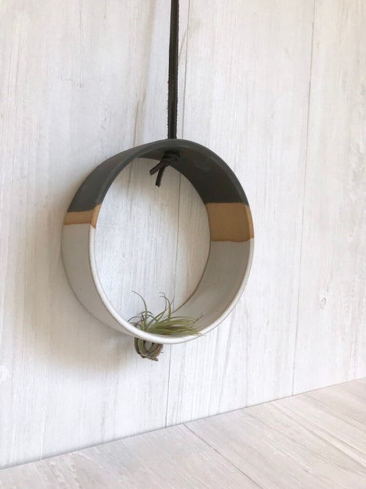 Tri color - Hanging Circular Airplant holder- ceramic- plant vase- 3 tone white and black on beige stoneware
