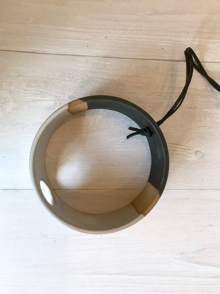 Tri color - Hanging Circular Airplant holder- ceramic- plant vase- 3 tone white and black on beige stoneware