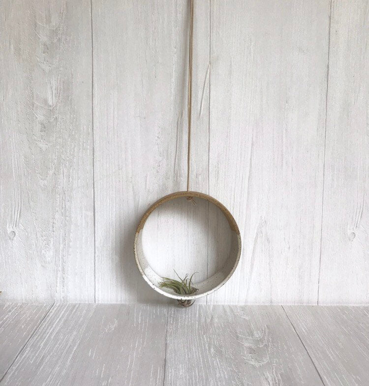 Speckled - Hanging Circular Airplant holder- ceramic- plant vase- two tone white on spckled stoneware