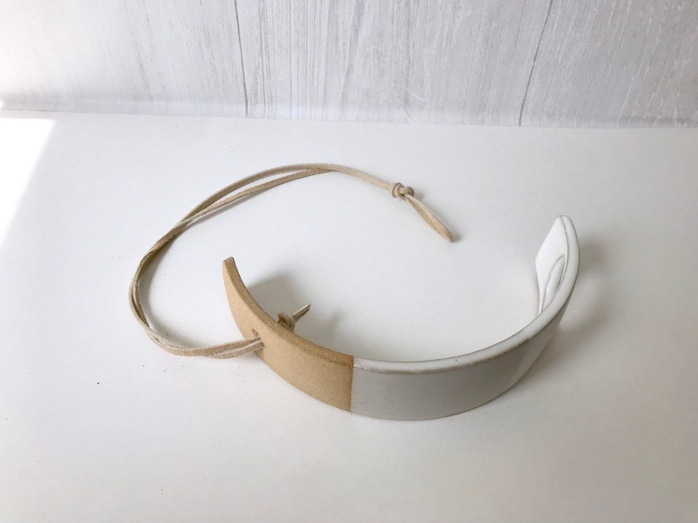 Beige- Hanging crescent moon Airplant holder- ceramic- plant vase arc- two tone white on beige stoneware