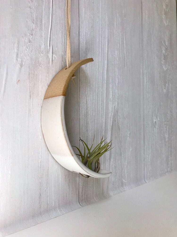 Beige- Hanging crescent moon Airplant holder- ceramic- plant vase arc- two tone white on beige stoneware