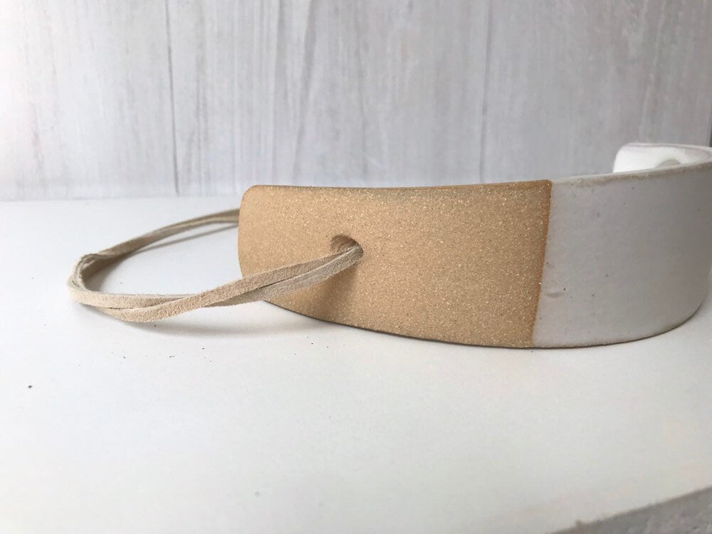 Beige- Hanging crescent moon Airplant holder- ceramic- plant vase arc- two tone white on beige stoneware