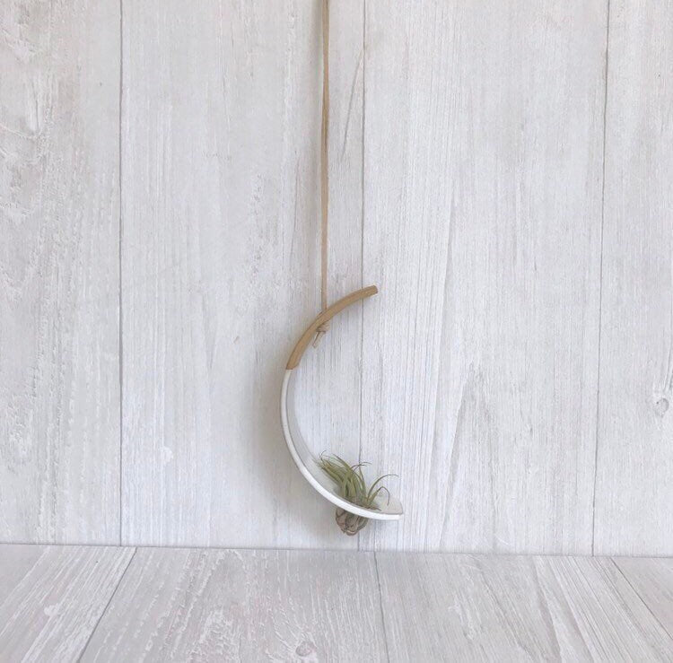 Beige- Hanging crescent moon Airplant holder- ceramic- plant vase arc- two tone white on beige stoneware