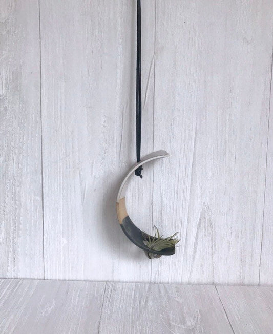 Tri color- Hanging crescent moon Airplant holder- ceramic- plant vase arc- three tone on beige  stoneware