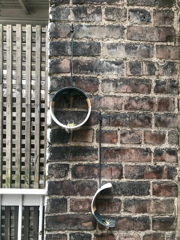 Tri color- Hanging crescent moon Airplant holder- ceramic- plant vase arc- three tone on beige  stoneware