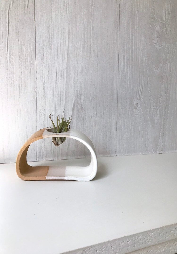Beige Small Airplant stand- ceramic plant stand- - two tone white on beige stoneware
