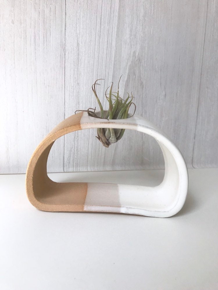 Beige Small Airplant stand- ceramic plant stand- - two tone white on beige stoneware