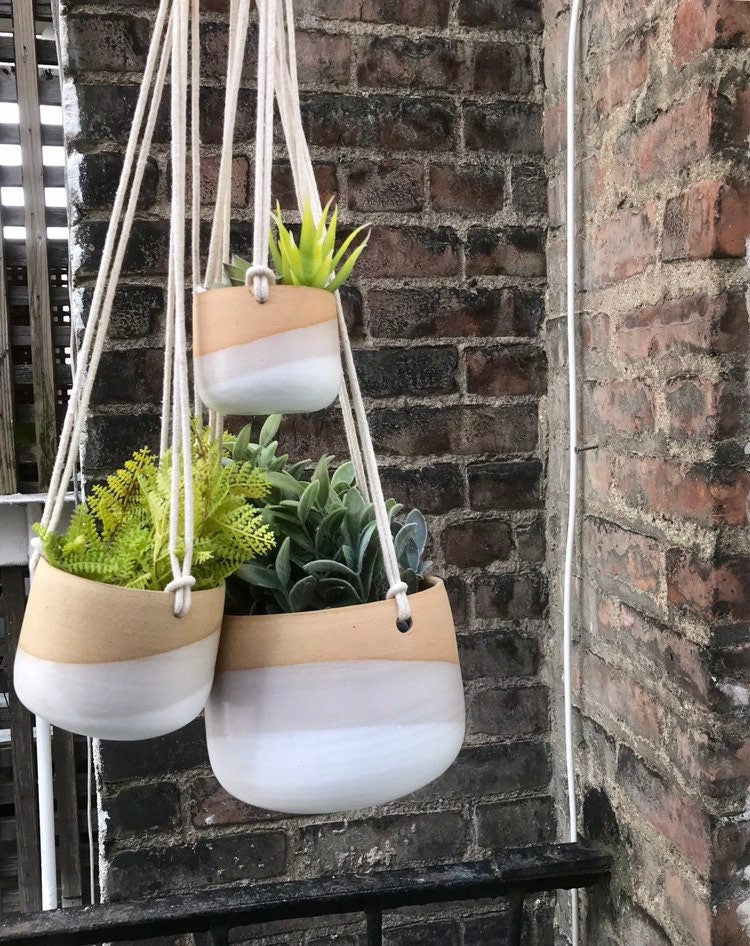 Beige-Ceramic hanging planter-white on beige stoneware- hanging flower pot - with drainage hole- three sizes available