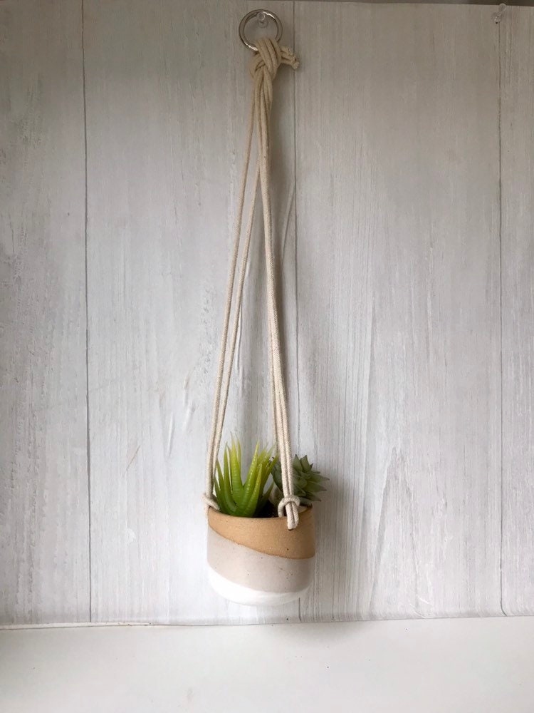 Beige-Ceramic hanging planter-white on beige stoneware- hanging flower pot - with drainage hole- three sizes available