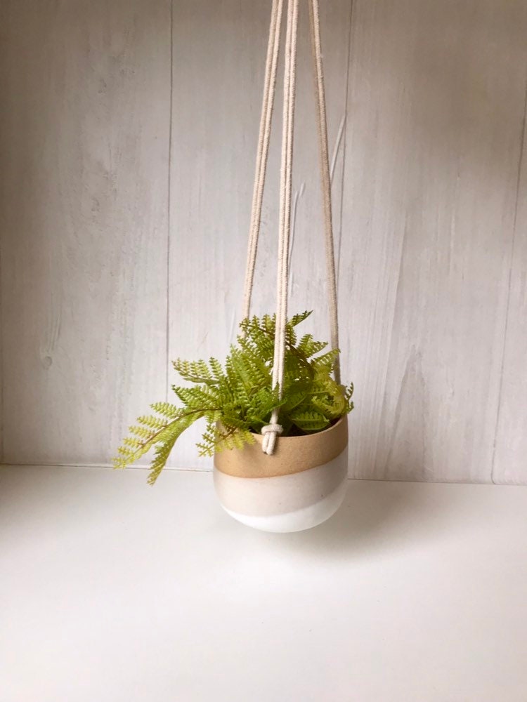 Beige-Ceramic hanging planter-white on beige stoneware- hanging flower pot - with drainage hole- three sizes available