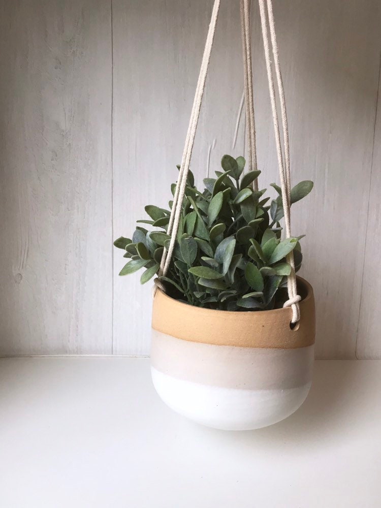 Beige-Ceramic hanging planter-white on beige stoneware- hanging flower pot - with drainage hole- three sizes available