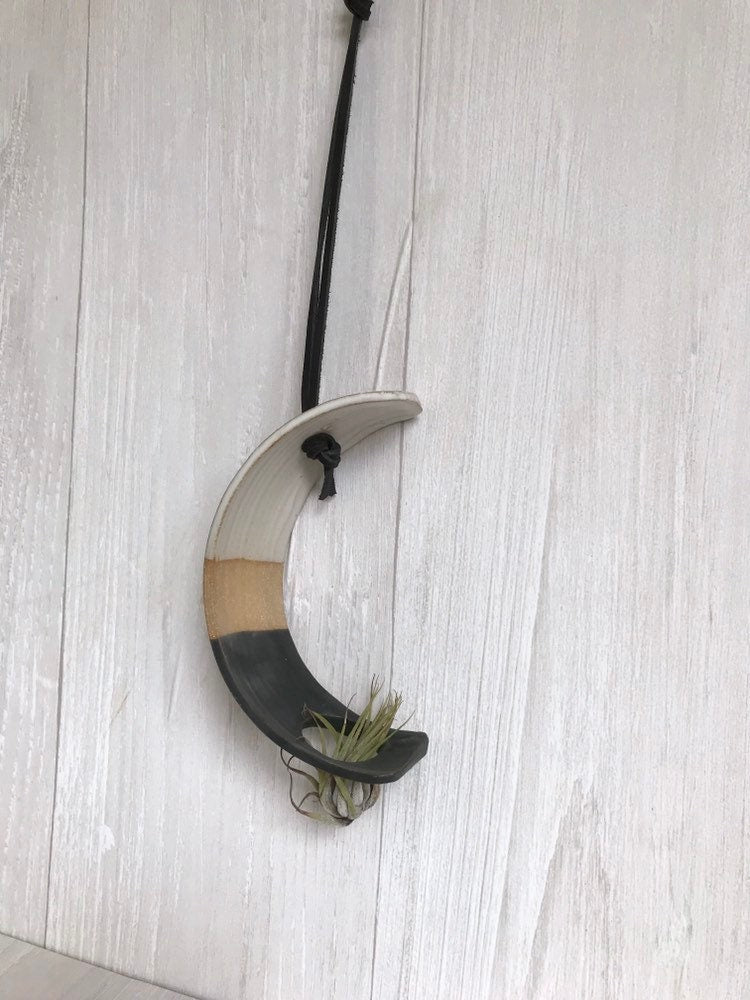 Tri color- Hanging crescent moon Airplant holder- ceramic- plant vase arc- three tone on beige  stoneware