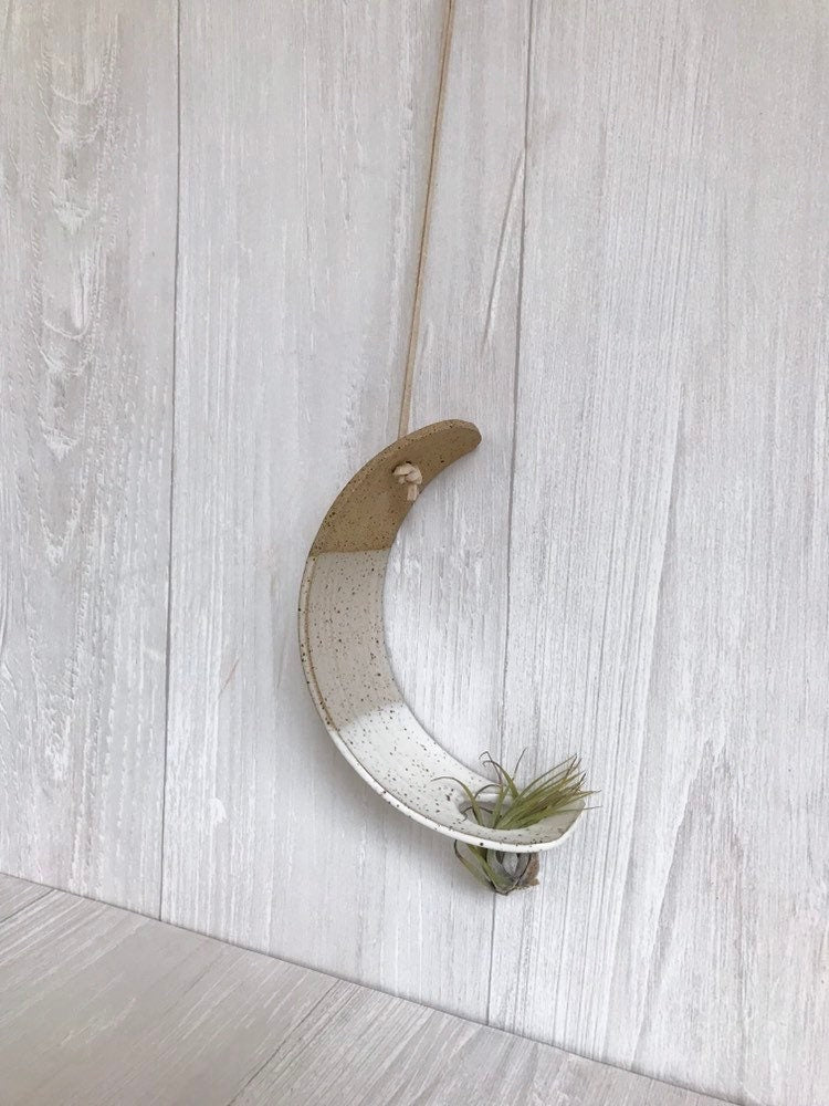 speckled- Hanging crescent moon Airplant holder- ceramic- plant vase arc- two tone white on speckled stoneware