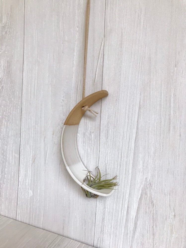 Beige- Hanging crescent moon Airplant holder- ceramic- plant vase arc- two tone white on beige stoneware