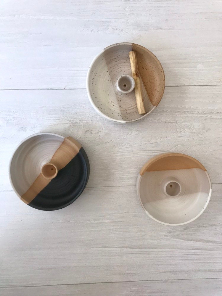 Tri color- ceramic palo santo incense burner- ceramic tray- palo santo wood stick optional! white, black and beige