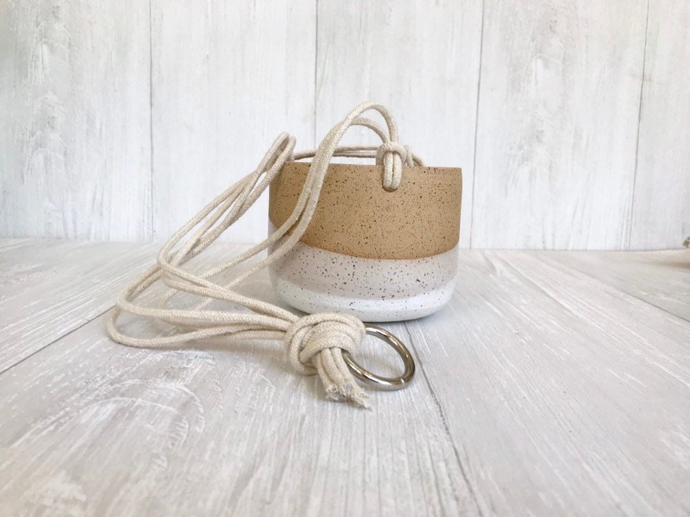 Speckled-Ceramic hanging planter-white on beige stoneware- hanging flower pot - with drainage hole- three sizes available