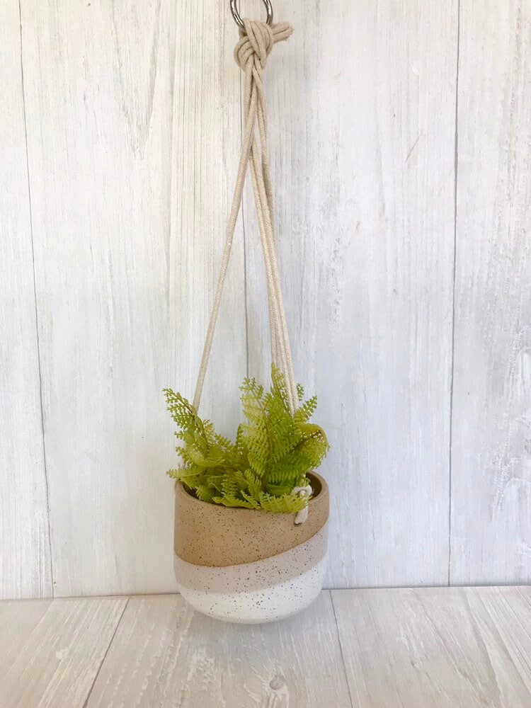 Speckled-Ceramic hanging planter-white on beige stoneware- hanging flower pot - with drainage hole- three sizes available