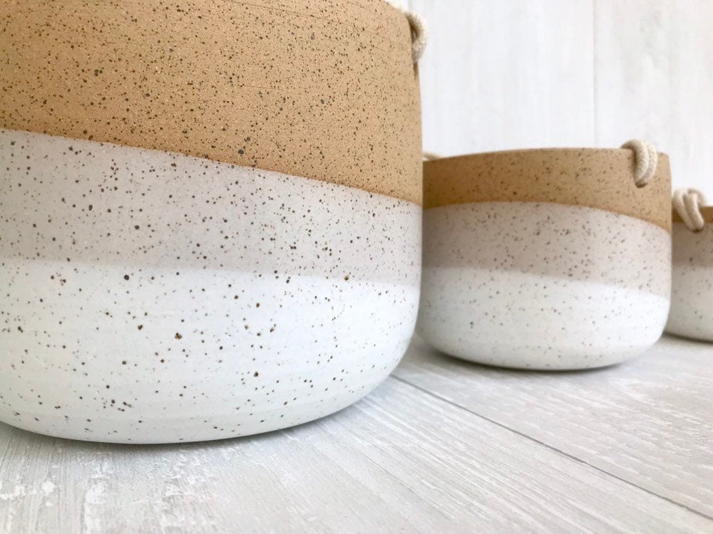 Speckled-Ceramic hanging planter-white on beige stoneware- hanging flower pot - with drainage hole- three sizes available
